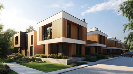 Fototapete - Modern modular private townhouses with wooden cladding, residential architecture exterior