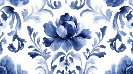 Poster - Watercolor painted indigo blue damask seamless pattern on a white background, spanish tile with hand drawn baroque and floral ornaments in mediterranean majolica ceramic painting style