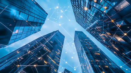 Aufkleber - Modern skyscrapers connected digitally, representing the integration of technology in real estate business models and building management systems