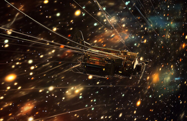 Poster - Epic spaceship flying through the galaxy with stars and nebula background for sci fi adventure theme