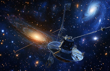 Poster - Exploring deep space galaxy with satellite probe and cosmic background for astronomy enthusiasts and science lovers