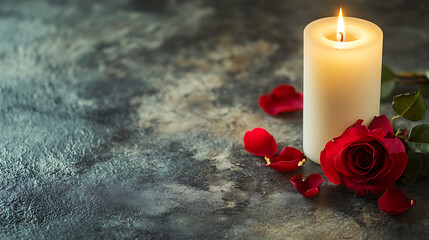 Aufkleber - White candle with a rose and flower petals on grey stone panoramic background with copy space, funeral services web banner