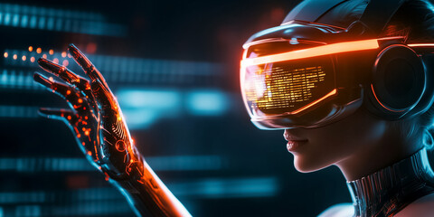 Poster - Woman wearing virtual reality headset interacts with glowing digital elements. High-tech setting with neon lights and futuristic design. Concept of technology, innovation, digital interaction
