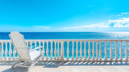 Poster - White deck chair on terrace with stunning sea view, mediterranean hotel under blue sky on sunny day, summer vacation concept