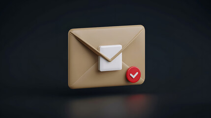 Poster - Newsletter or message concept with front view on beige email paper envelope with white unit in red circle on the corner on dark background, 3d rendering