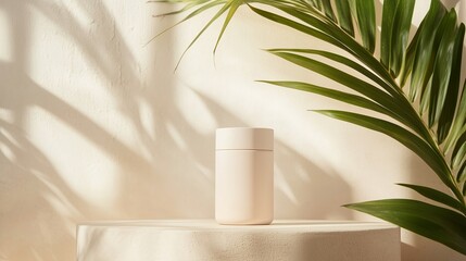 Poster - neutral-toned container positioned on a pedestal surrounded by tropical leaves in soft natural light