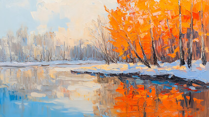 Aufkleber - Oil painting landscape of a serene autumn forest near the river with orange leaves and reflections