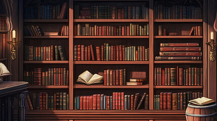 Poster - Old books on wooden bookshelves in a library