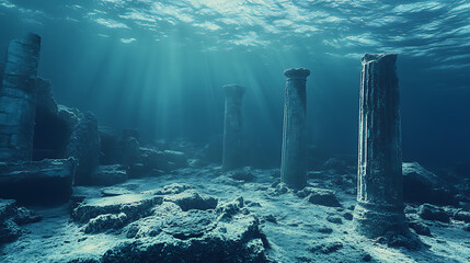 Poster - Old temple ruins with weathered columns on sea bottom