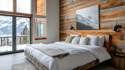 Aufkleber - Wooden bed against of reclaimed barn wood paneling wall, loft interior design of modern bedroom, technology