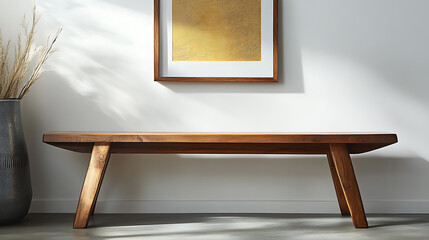 Poster - Wooden bench against white wall with poster frame, ethnic farmhouse interior design of modern entrance hall