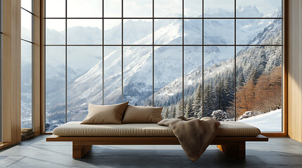 Aufkleber - Wooden bench with beige pillows and blanket near panoramic grid window with stunning winter snow mountains view, japanese style home interior design of modern living room in chalet