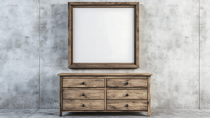Poster - Wooden cabinet, dresser against concrete wall with empty blank mock up poster frame with copy space, loft home interior design of modern living room