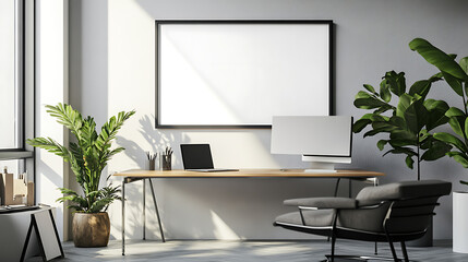 Poster - Business interior with chill area and workspace with computer, mockup frame