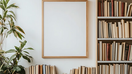 Poster - Wooden cabinet with books near white wall with big poster frame, scandinavian style home interior design of modern living room