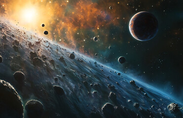 Poster - Outer space asteroid belt with planets and stars galaxy cosmic background wallpaper hd high resolution image
