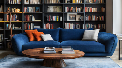 Poster - Wooden coffee table near blue sofa, book shelf on the wall, scandinavian home interior design of modern living room