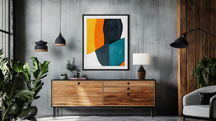 Poster - Wooden dresser and art poster on concrete wall, scandinavian home interior design of modern living room