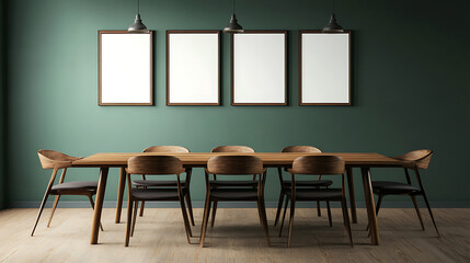 Poster - Wooden dining table and chairs against green wall with frames, scandinavian, mid-century interior design of modern dining room