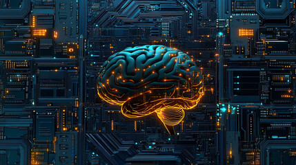 Fototapete - Brain is in the background through many circuit boards