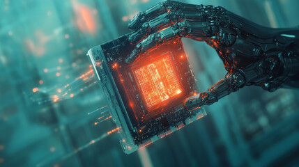 Poster - Futuristic Animation Concept: High-Tech Authentic Robot Arm Holding Contemporary Super Computer Processor Moving into Focus. CPU Microchip Digitilizes and Sends Data Power Lines with Computer Vision