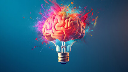 Poster - Bright light bulb in the shape of the brain bursting with color symbolizes the power of innovation and creativity, inspiring new ideas and imaginative solutions