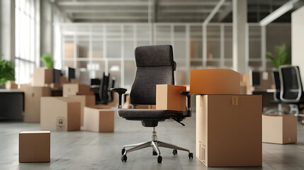 Fototapete - Cardboard boxes and geotag with armchair, moving office