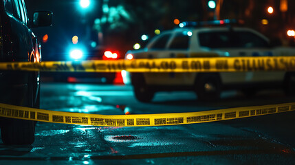 Poster - Yellow tape barricade, police car with strobe lights at the crime scene