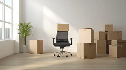Poster - Cardboard boxes and geotag with armchair, moving office