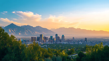 Poster - Panoramic photo of the salt lake city skyline with mountains in the background the sky is a beautiful clear blue golden hour lighting