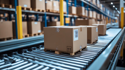 Poster - Conveyor belt with boxes on it moving through a warehouse