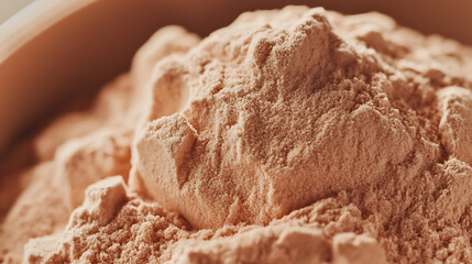 Poster - Detailed closeup image showcasing a whey protein powder, emphasizing the texture and color of the supplement, typically used for muscle recovery and growth