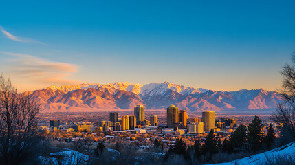Aufkleber - Panoramic photo of the salt lake city skyline with mountains in the background the sky is a beautiful clear blue golden hour lighting