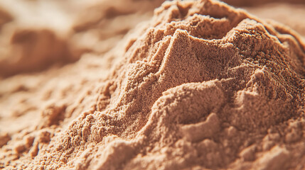 Poster - Detailed closeup image showcasing a whey protein powder, emphasizing the texture and color of the supplement, typically used for muscle recovery and growth
