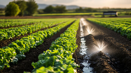 Aufkleber - Field irrigation system waters rows of lettuce on farmland
