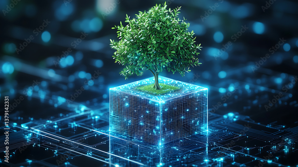 Circuit digital cube with tree growing on top, blue light and wireframe ...