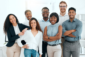 Poster - Business people, portrait and diversity in office for collaboration, confident and professional company. Team, happy and multicultural in workplace for partnership, pride or project with crossed arms
