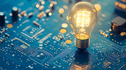 Poster - Circuit board with light bulb on blue background with copyspace, innovation concept