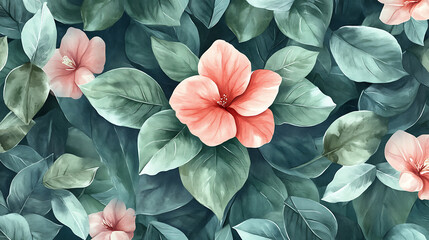 Poster - Flower with many leaves is depicted on the canvas, watercolor seamless pattern, hand-drawn brush colors, pattern, 3d illustration