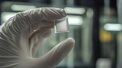 Poster - Close-up Presentation of a New Generation Microchip. Gloved Hand Holding Piece of Technological Wonder.