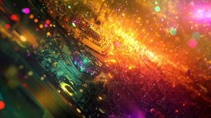 Poster - Neon Theme Visualization of Circuit Board CPU Processor Starting Digitalization Process and Information Computing, Processing a Lot of Data. Computer Graphics, Special Visual Effects, Image.