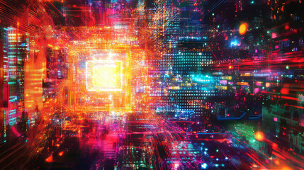 Poster - Neon Theme Visualization of Circuit Board CPU Processor Starting Digitalization Process and Information Computing, Processing a Lot of Data. Computer Graphics, Special Visual Effects, Image.