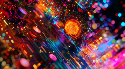 Poster - Neon Theme Visualization of Circuit Board CPU Processor Starting Digitalization Process and Information Computing, Processing a Lot of Data. Computer Graphics, Special Visual Effects, Image.