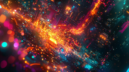 Poster - Neon Theme Visualization of Circuit Board CPU Processor Starting Digitalization Process and Information Computing, Processing a Lot of Data. Computer Graphics, Special Visual Effects, Image.
