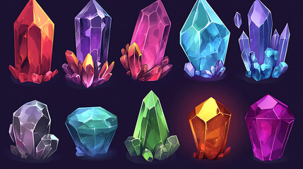 Poster - Game of magic gems of different colors and shapes, crystal gems, jewel rocks and mineral stones, isolated on background, cartoon