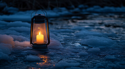 Poster - Tourist lantern stands on frozen ground on a dark night