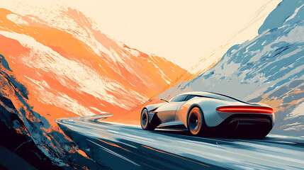 Fototapete - Generic and unbranded modern car running on mountain street, illustration