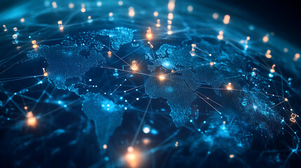 Poster - Global business network structure including customer analysis and data exchange, hr recruitment and outsourcing, customer service, strategy, technology, and social media