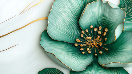 Poster - Green flower with gold stripes on a white background