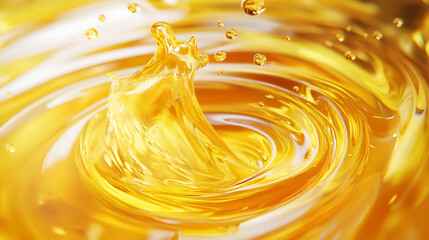 Poster - Clear yellow spiral, lemonade, tea, oil splash, liquid yellow drink streams with drops, 3d illustration